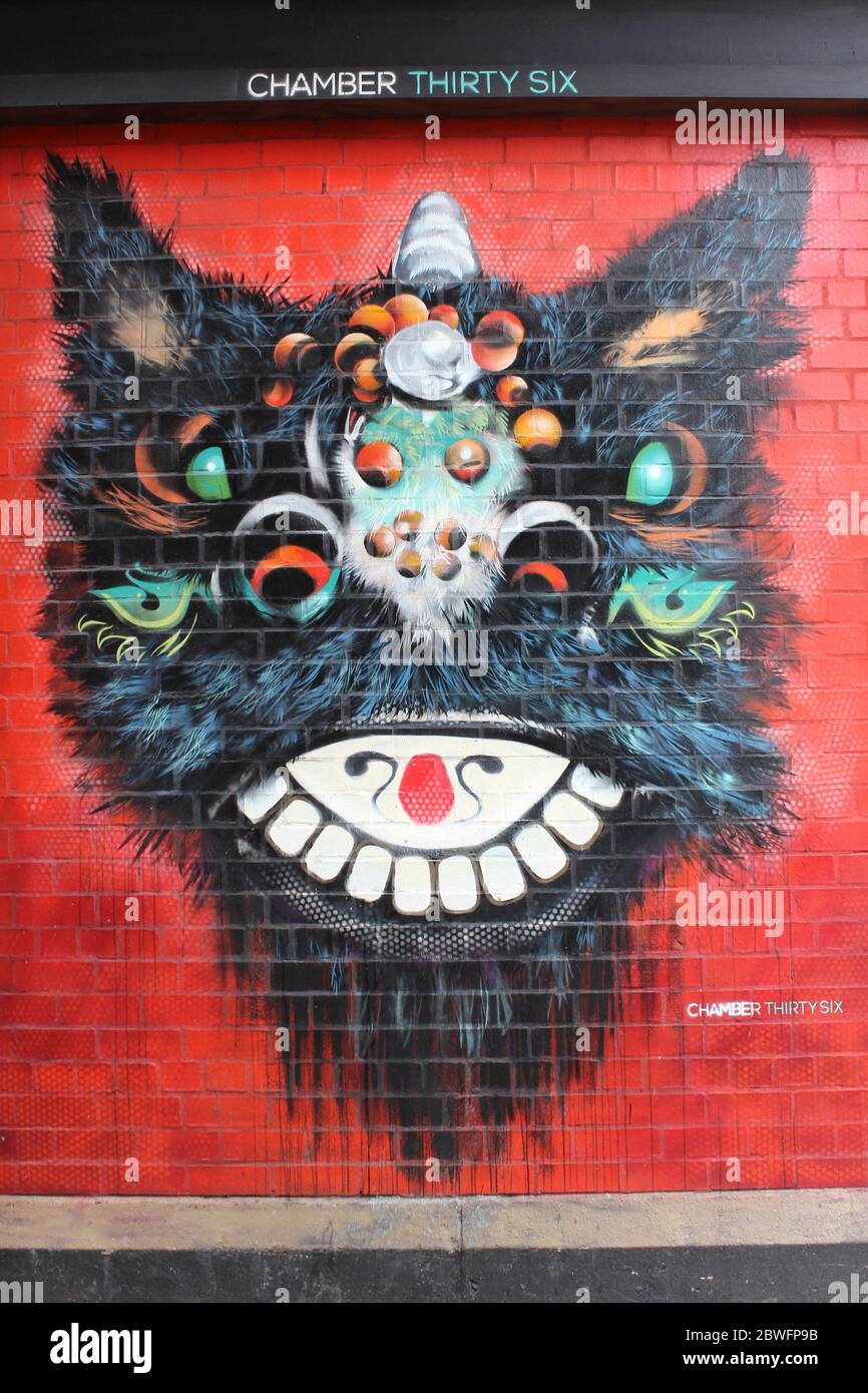 Chinese Dragon street art advertising Chamber 36 a Chinese Restaurant in Liverpool's Chinatown Stock Photo
