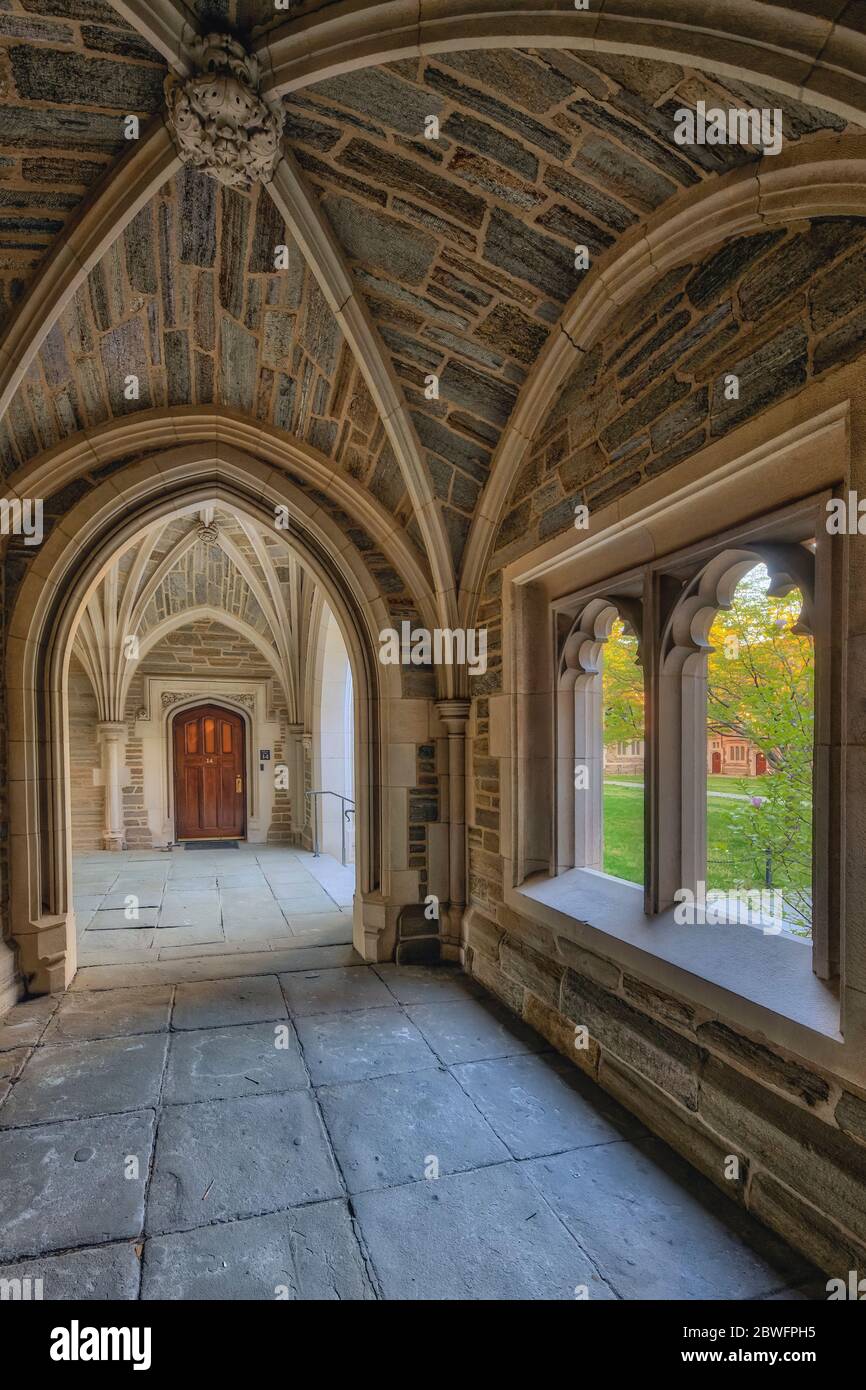 Princeton University Holder Hall Arches - A view to a perfect example of Collegiate Gothic architecture style. Stock Photo