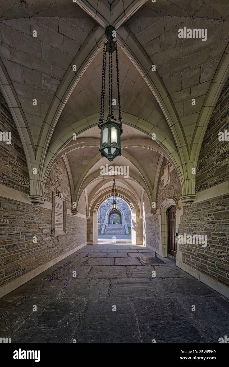 Princeton  University Cambell Hall   - A view   to the illuminated Collegiate Gothic architecture style of Campbell Hall. Stock Photo