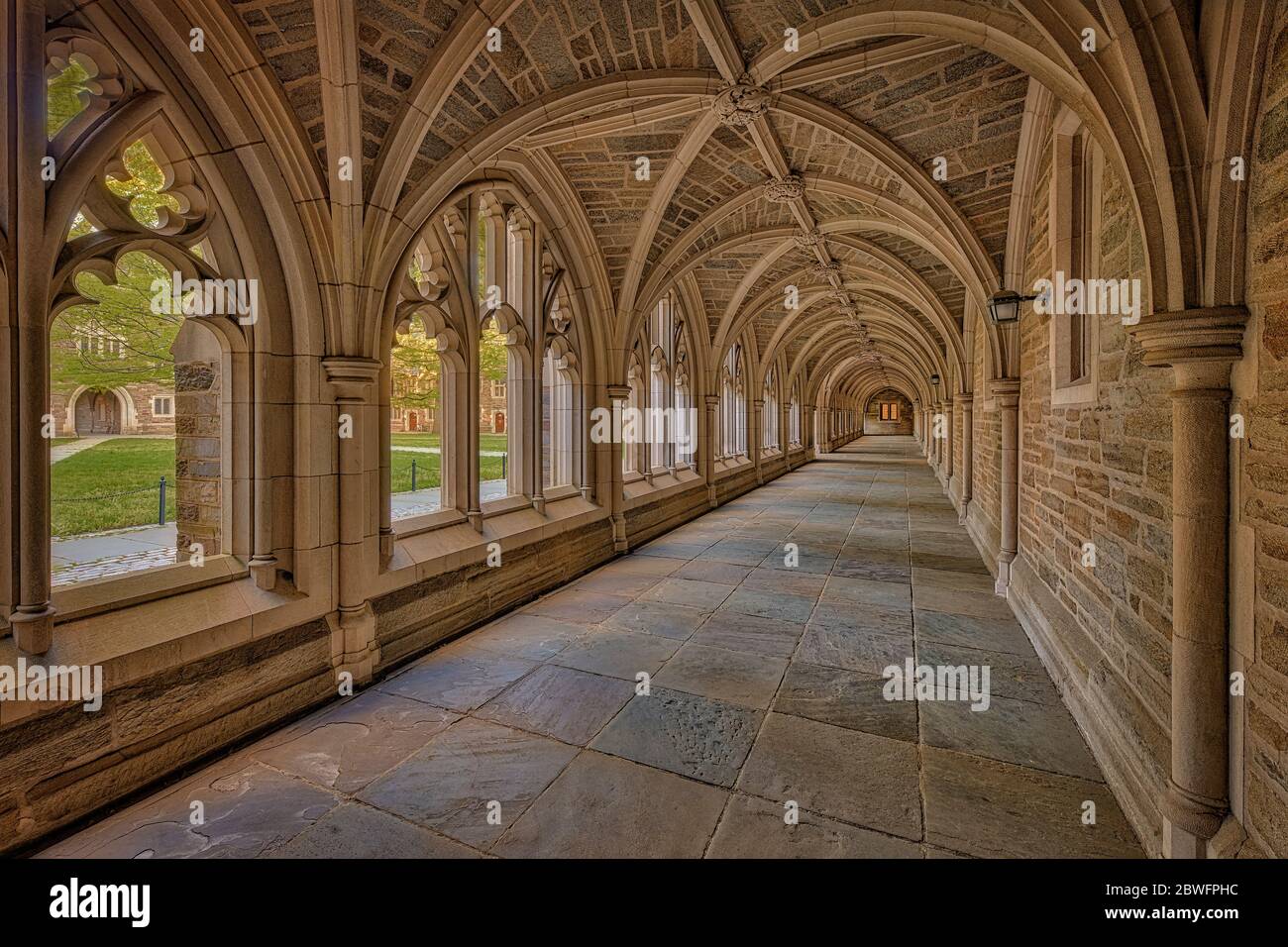 Princeton University Hallway NJ - A view to a perfect example of Collegiate Gothic architecture style.  Princeton University is a private Ivy League r Stock Photo