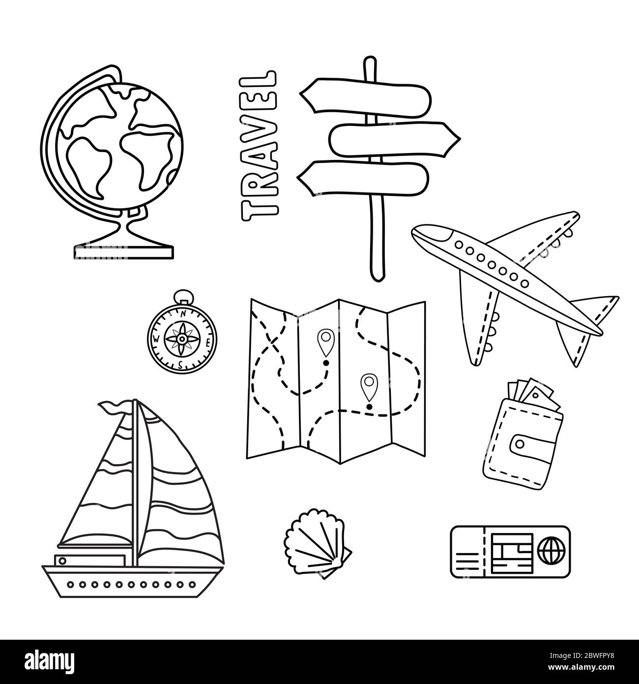 tourist set. Travel set of doodles. Transport, map, globe and documents on a white background line. All in isolation. Art line. Stock Vector