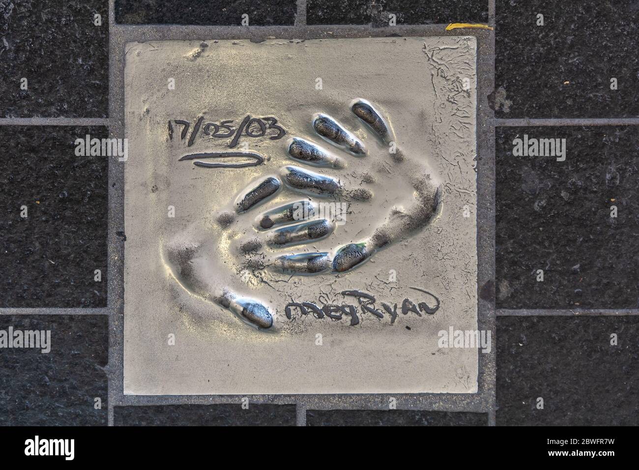 Cannes, France - June 12, 2019 : Handprints of celebrities. The imprint of the hand of a famous American actress Meg Ryan. Stock Photo