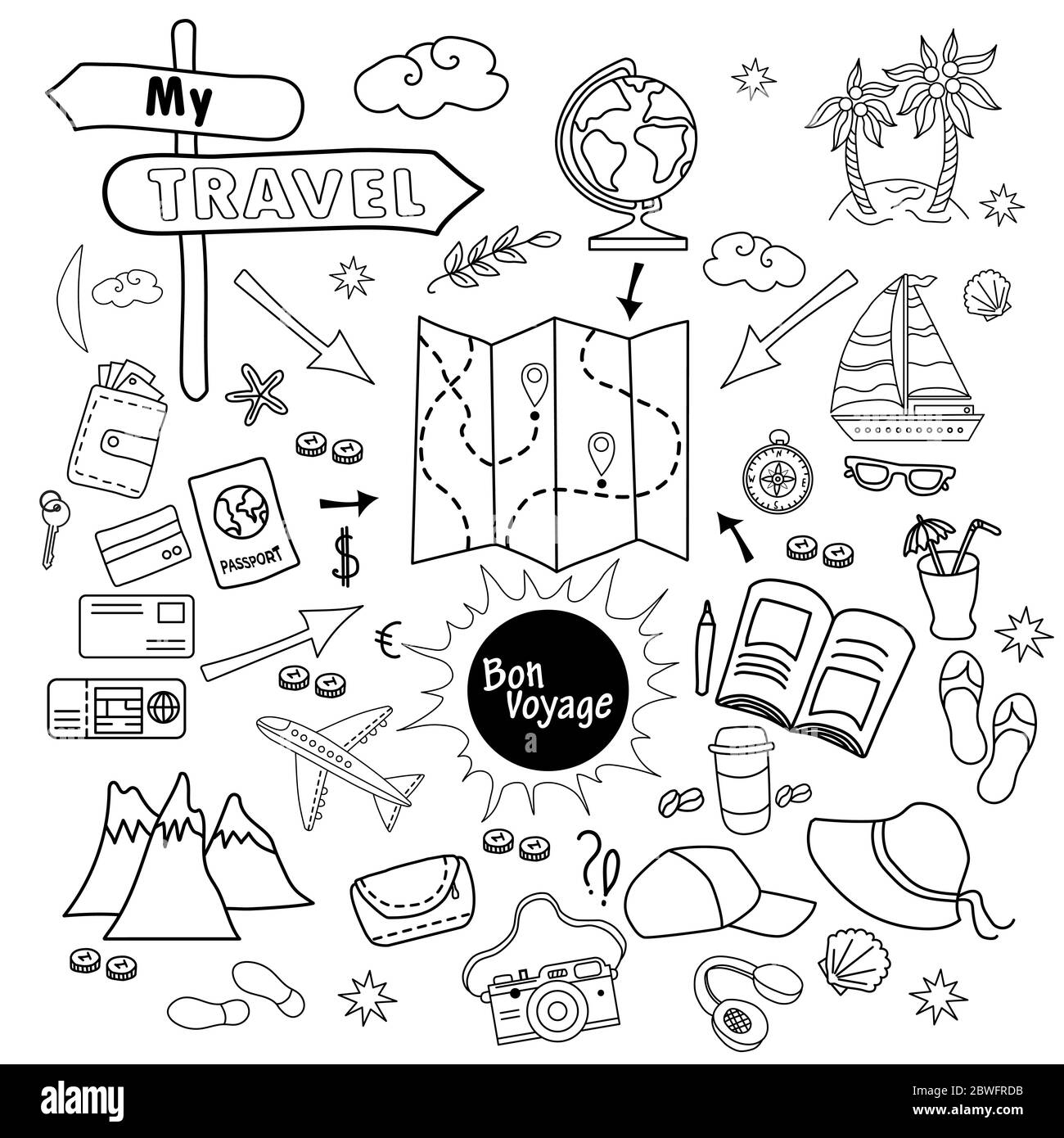 Doodle set of travel vector design. Drawings of luggage for a tour of the sea and the mountains. Things are all necessary for a person to travel. All Stock Vector