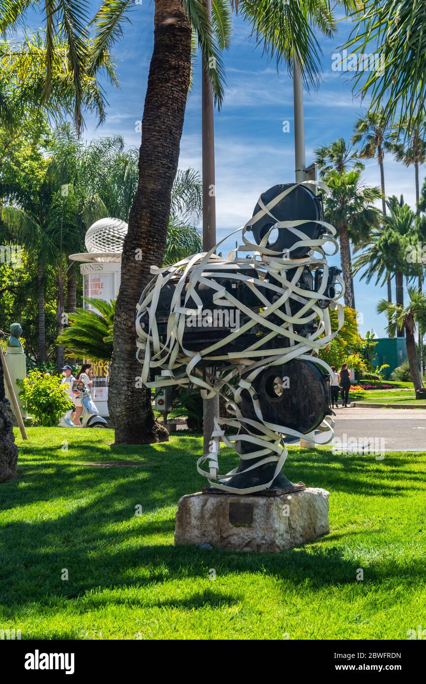 Cannes, France - June 12, 2019 : Movie camera sculpture at Cannes in the south of France, home of the famous international Film Festival. By Max Carti Stock Photo