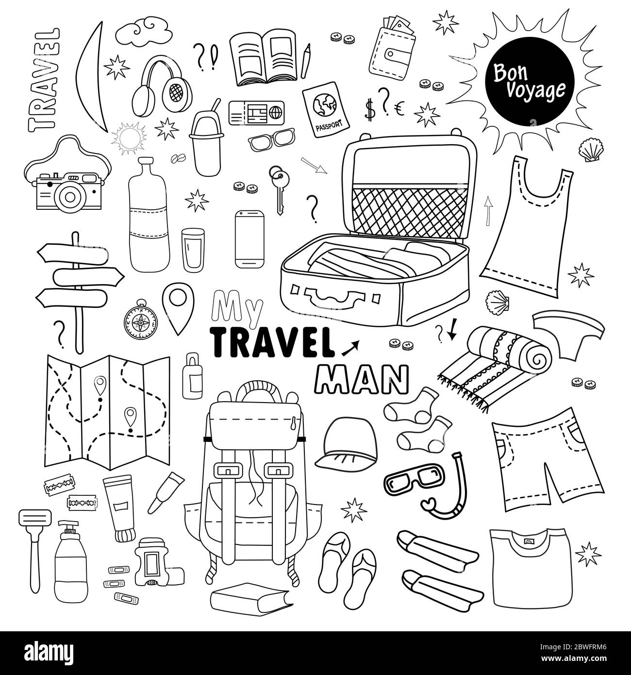 Doodle travel stuff. Set of pictures Traveling men on vacation. Fees for baggage, things, clothes and shoes. Men's set. All elements are isolated. Stock Vector