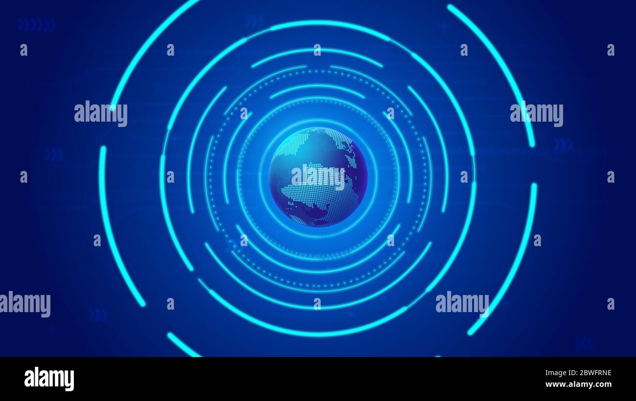 Glowing coil and digital earth, internet science and technology background. Stock Photo