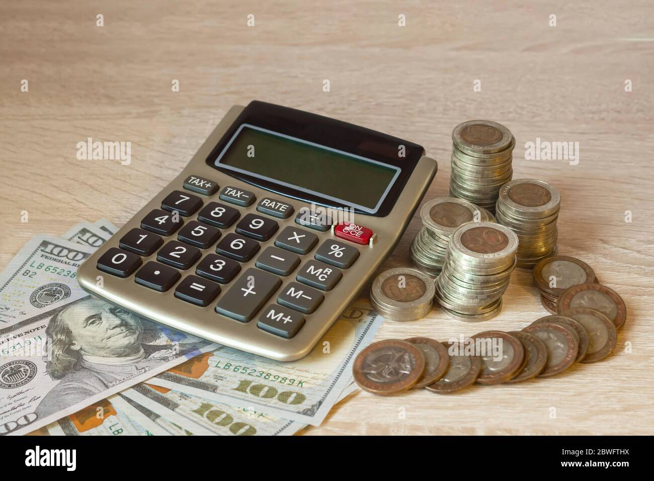 Coins Stack, calculator, currency icons different countries. Concept of