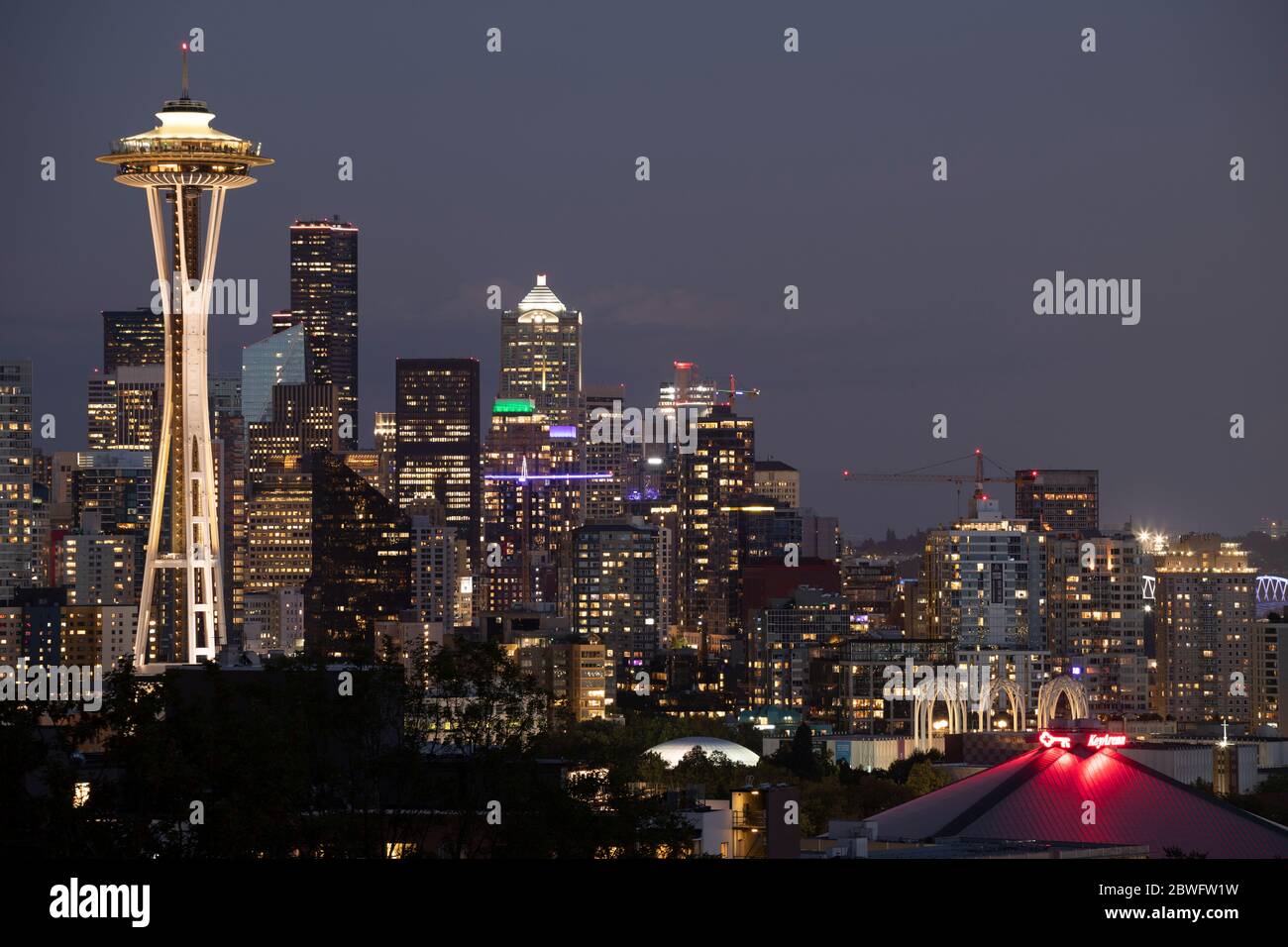 Cityscape with Space Needle at night, Seattle, Washington, USA Stock Photo
