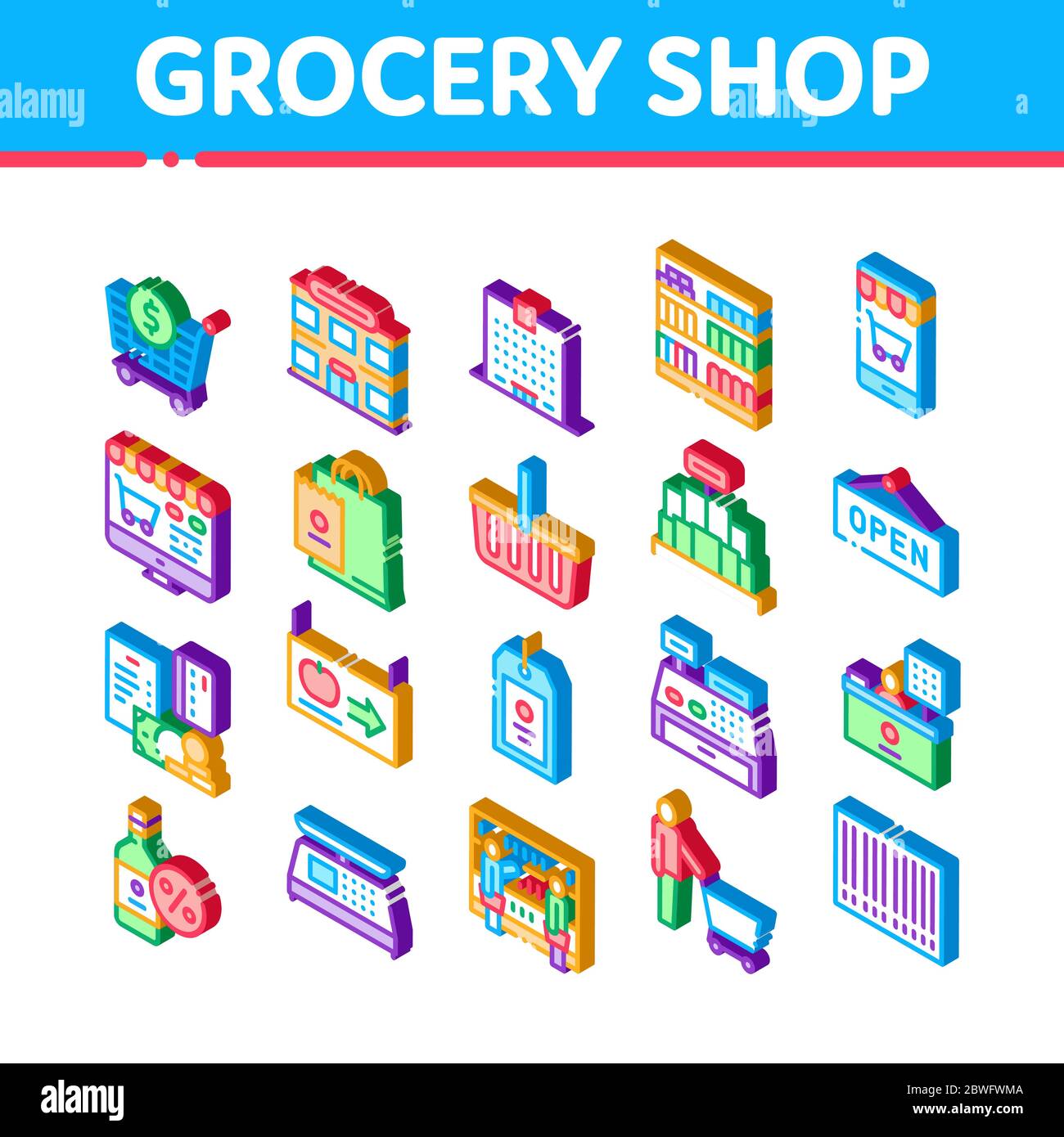 Grocery Shop Shopping Isometric Icons Set Vector Stock Vector Image ...
