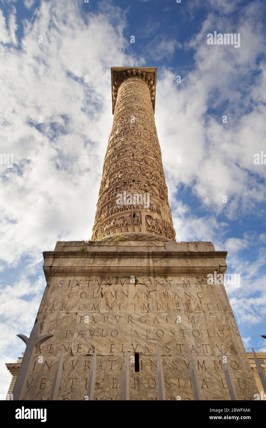 The doric marble column built in honour of the roman emperor Marcus Aurelius (AD 193) - Rome Stock Photo