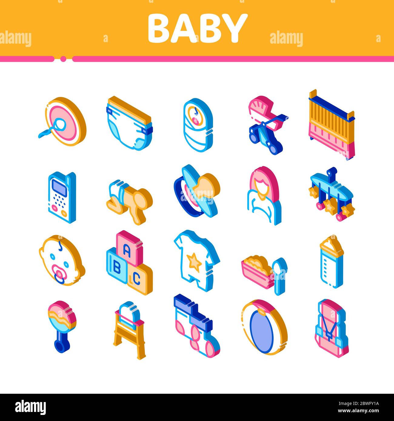 Baby Clothes And Tools Isometric Icons Set Vector Stock Vector
