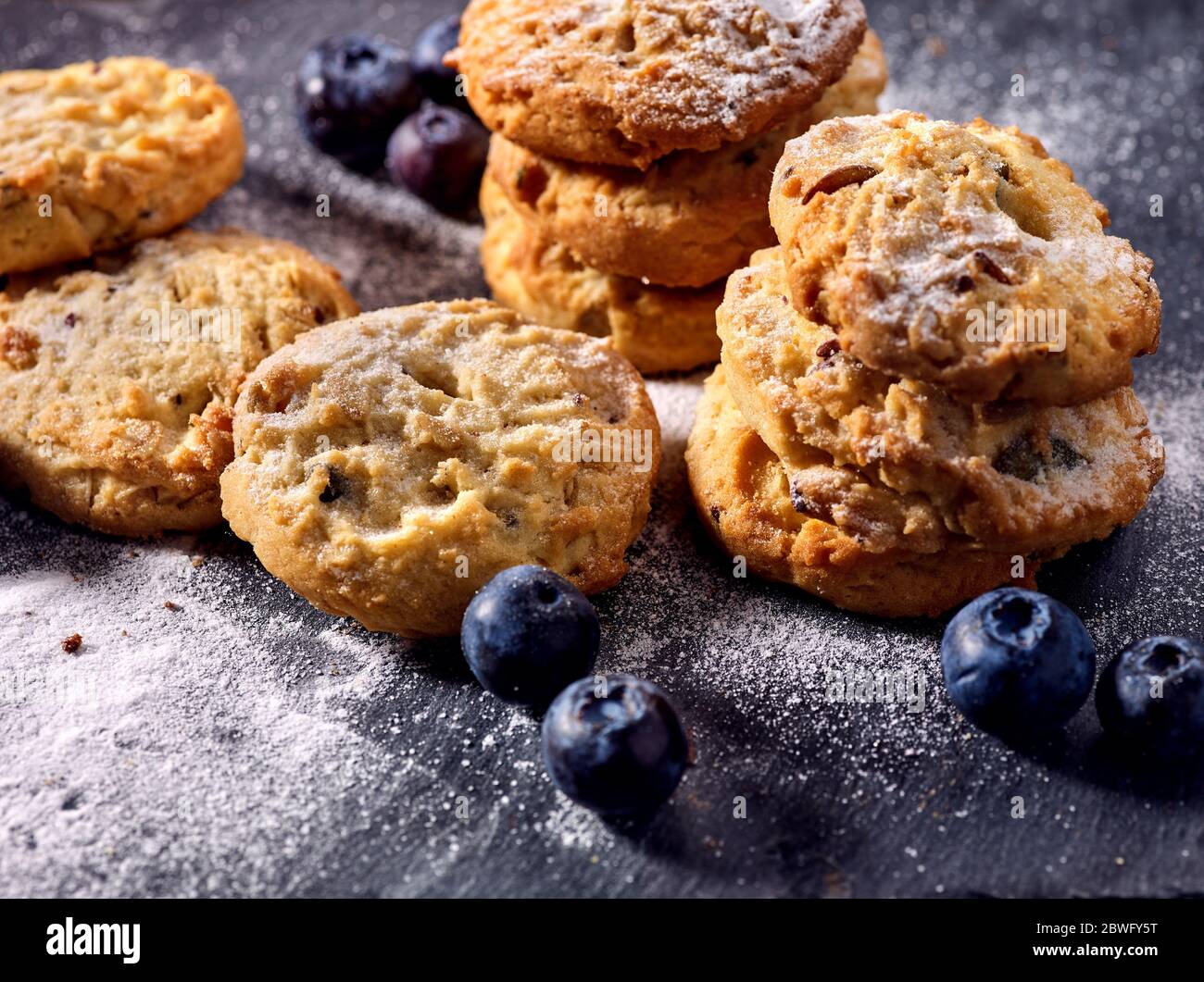 Chocolate chip cookies tied with string on shop window display Stock Photo