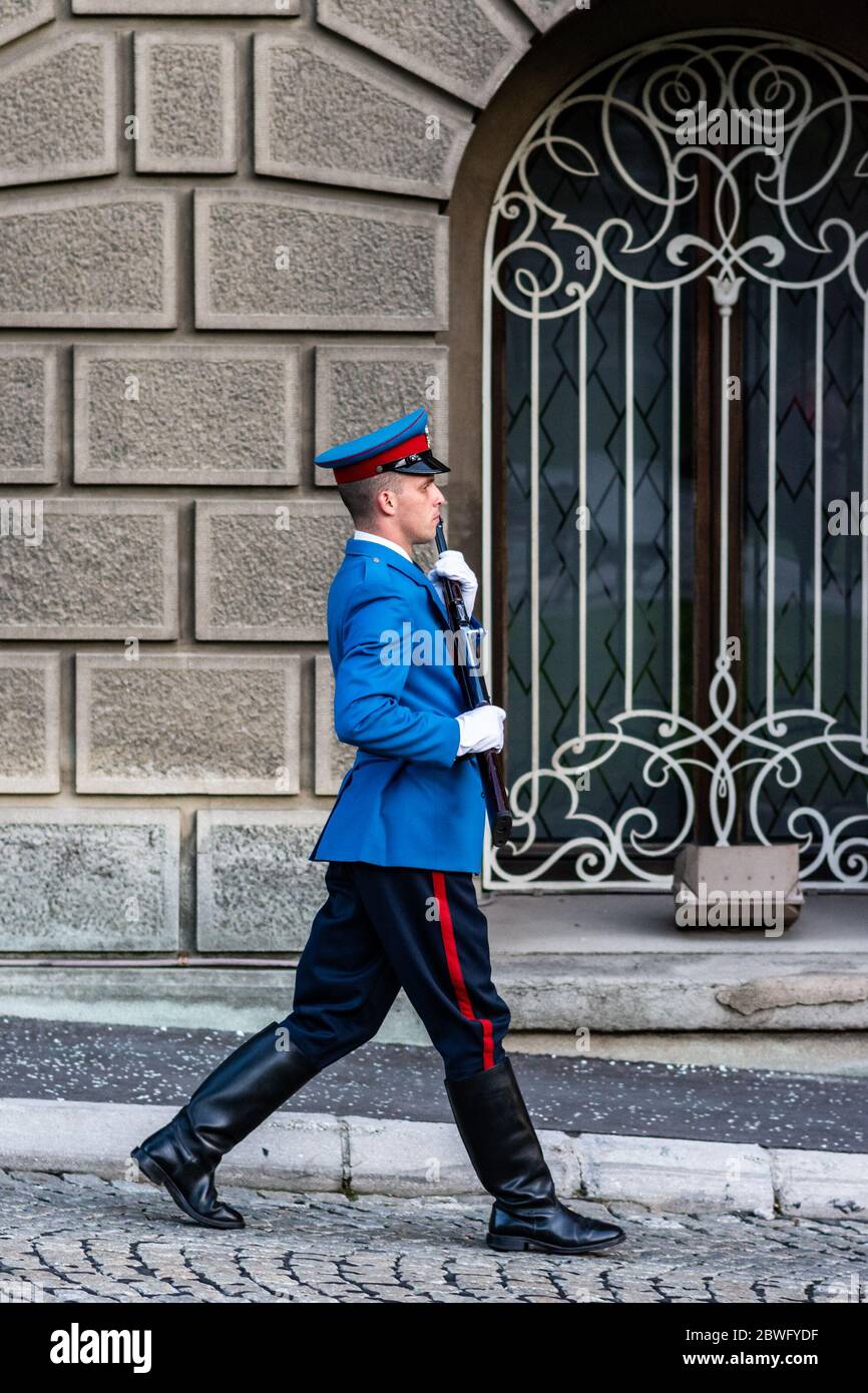 Belgrade / Serbia - April 14, 2017: Guard of honor of the Serbian Guard at the Presidential Palace in Belgrade, Serbia Stock Photo