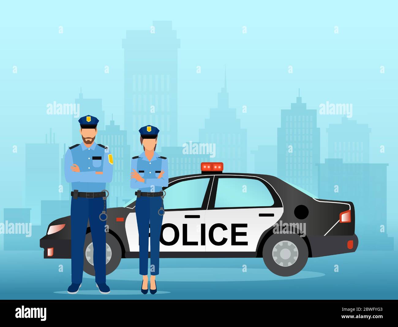 Vector of a man and woman police officers with a service car on a cityscape background. Stock Vector
