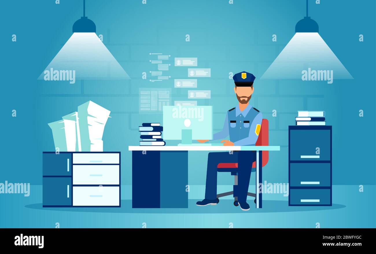 Vector of a busy male police officer sitting in his office at a police station Stock Vector