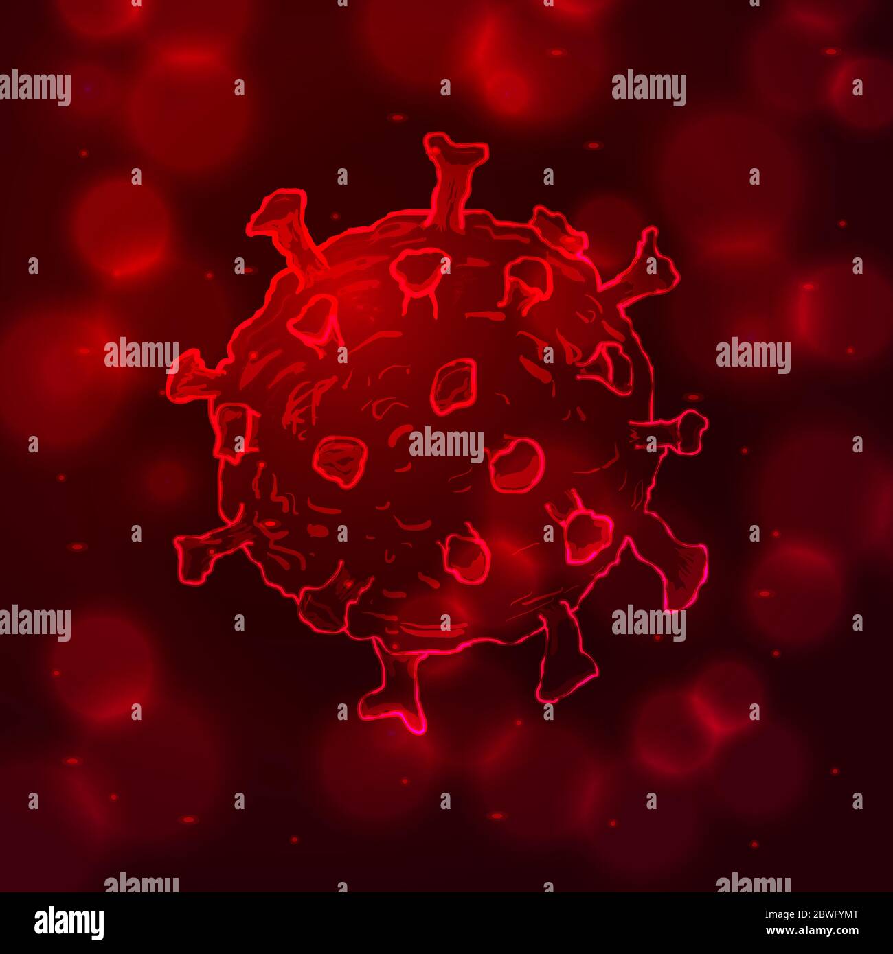 Coronavirus Cells or Bacteria Molecule. Virus COVID-19 Cell in Spherical Shape. Abstract Illustration in red Tints on dark background Stock Vector
