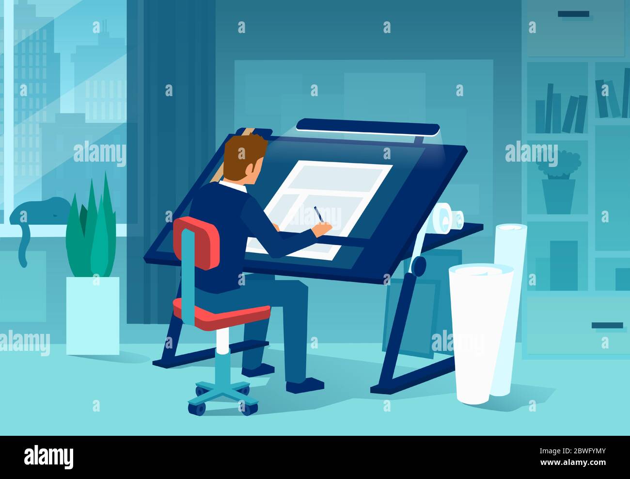 Vector of a man architect drafting a new project in his office Stock Vector