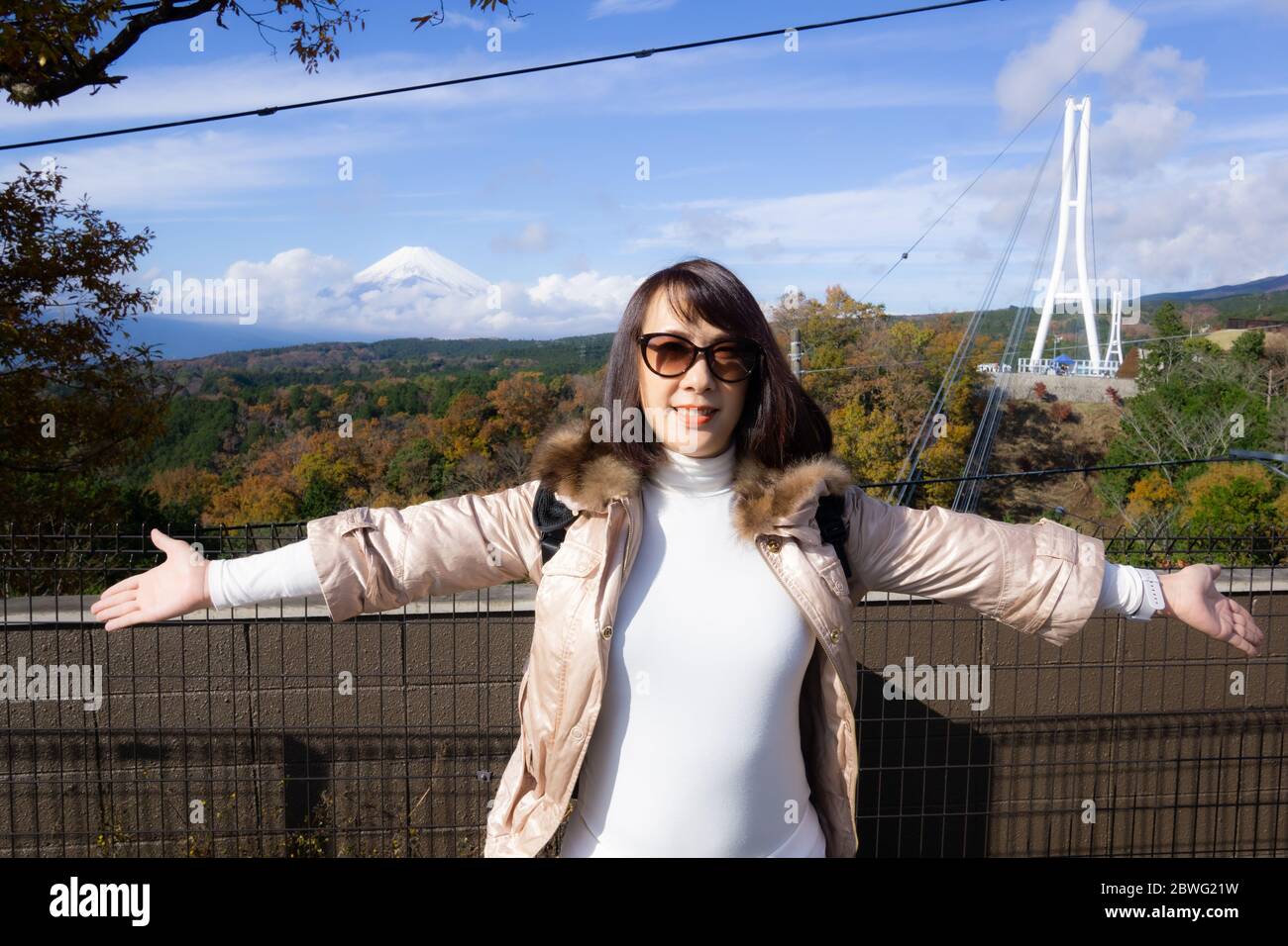 The Mishima Skywalk is a picturesque scenery spot where you can see Mt. Fuji from a gigantic suspension bridge. A total length of 400m, it is Japan’s Stock Photo