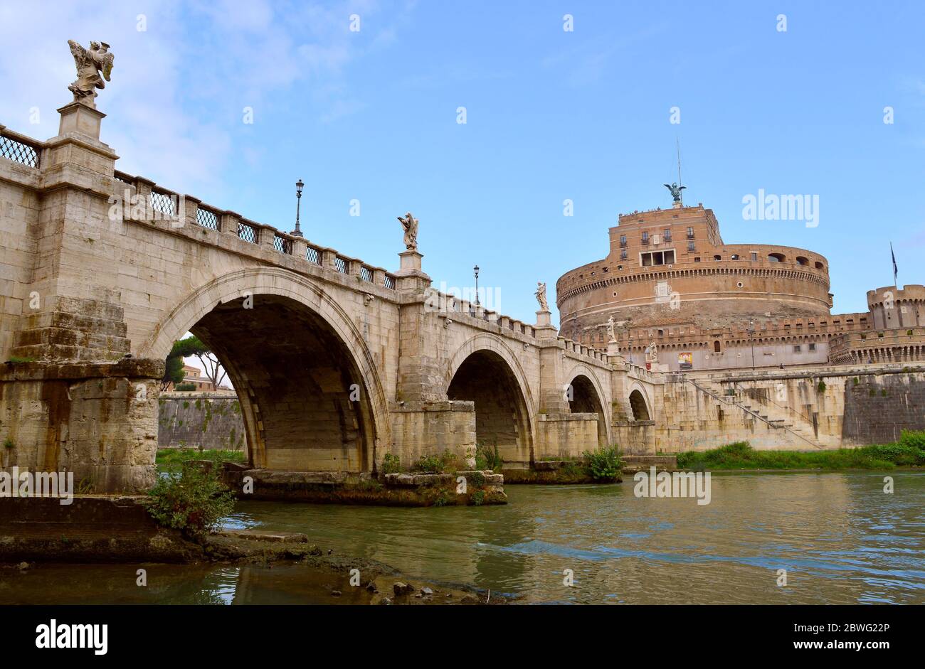 Angelo Bridge  crossing the river Tiber to the historical Castle of the Holy Angel in Rome Stock Photo