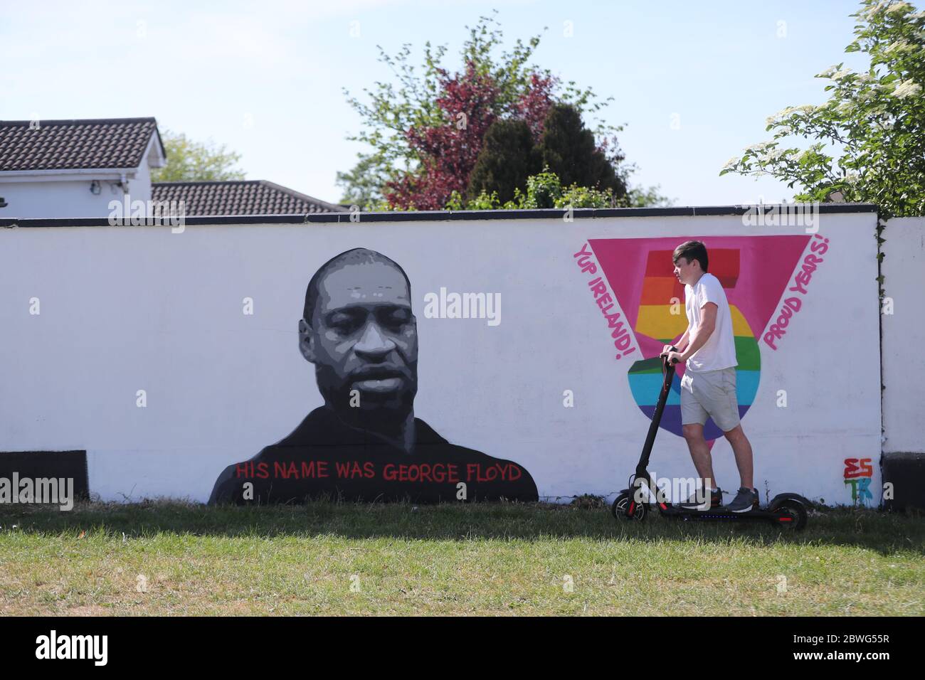 A mural of George Floyd in West Dublin. Demonstrations have taken place across Ireland in the wake of Mr Floyd's death after a white officer held him down by pressing a knee into his neck last Monday. Stock Photo
