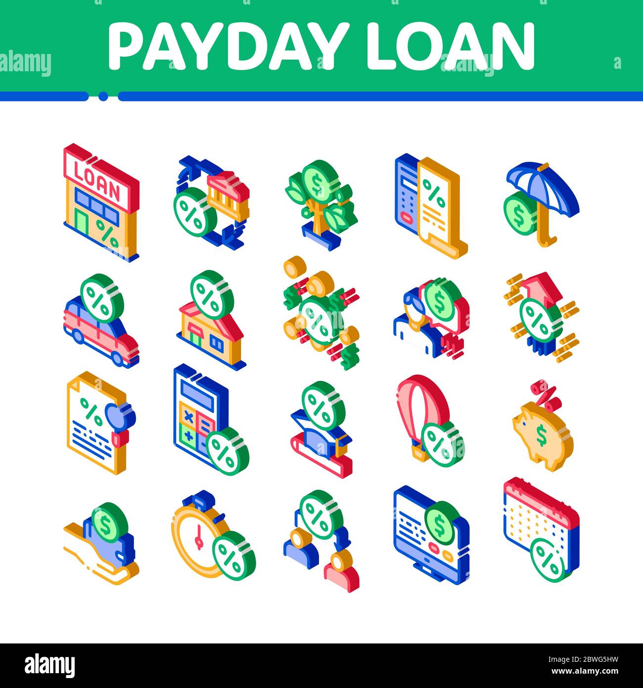 Payday Loan Isometric Elements Icons Set Vector Stock Vector