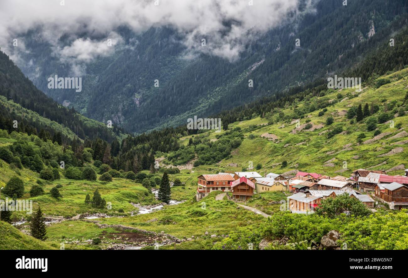 The magnificent nature, fog, green cover and wooden houses of Rize's mountain villages ... Stock Photo