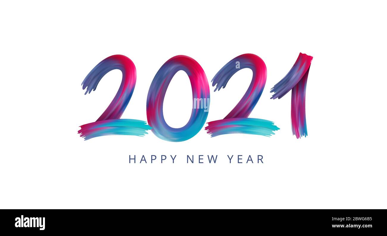 Happy New Year 2021. Acrylic paint rainbow colorful numbers. Number in the form of oil brush. Vector Stock Vector