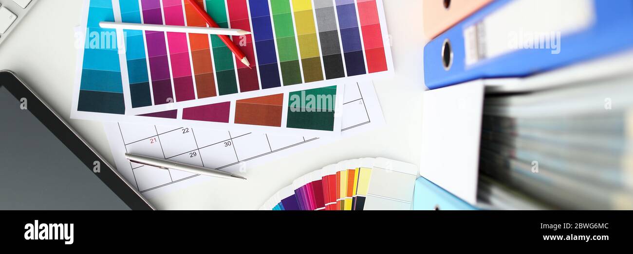 Top view of empty designer workspace with different objects Stock Photo