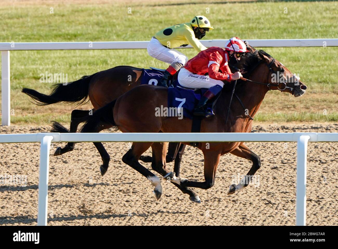 David Egan riding Valyrian Steel (red) win The Betway Maiden Stakes (Div II) at Newcastle Racecourse. Stock Photo