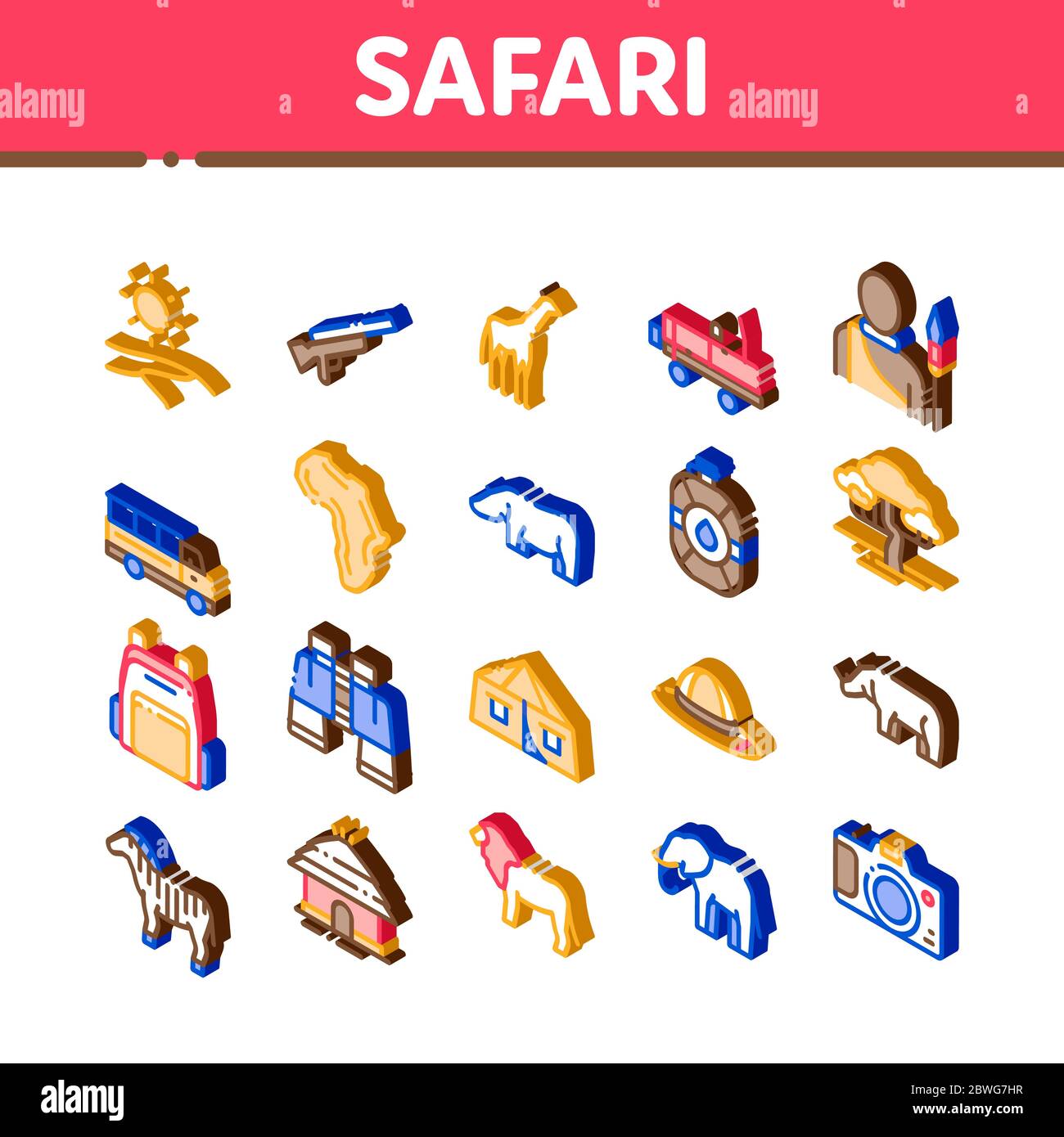 Safari Travel Isometric Elements Icons Set Vector Stock Vector