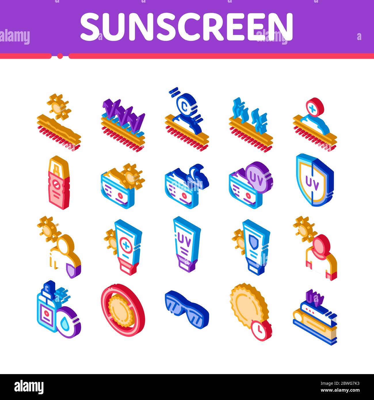 Sunscreen Isometric Elements Icons Set Vector Stock Vector