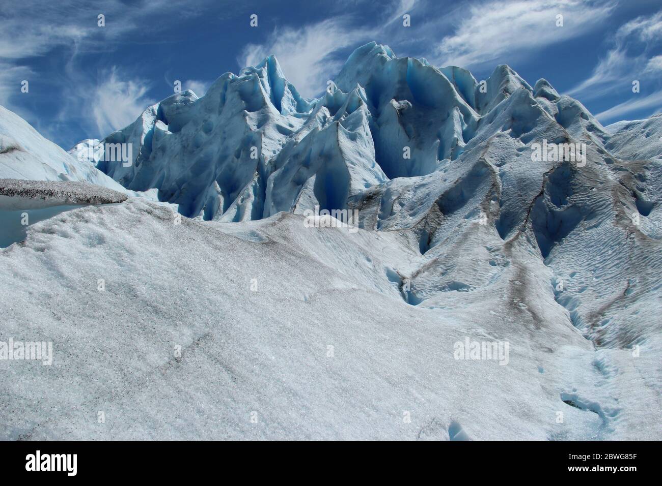 The Perito Moreno Glacier glistens in the summer sun in Patagonia in Argentina Stock Photo
