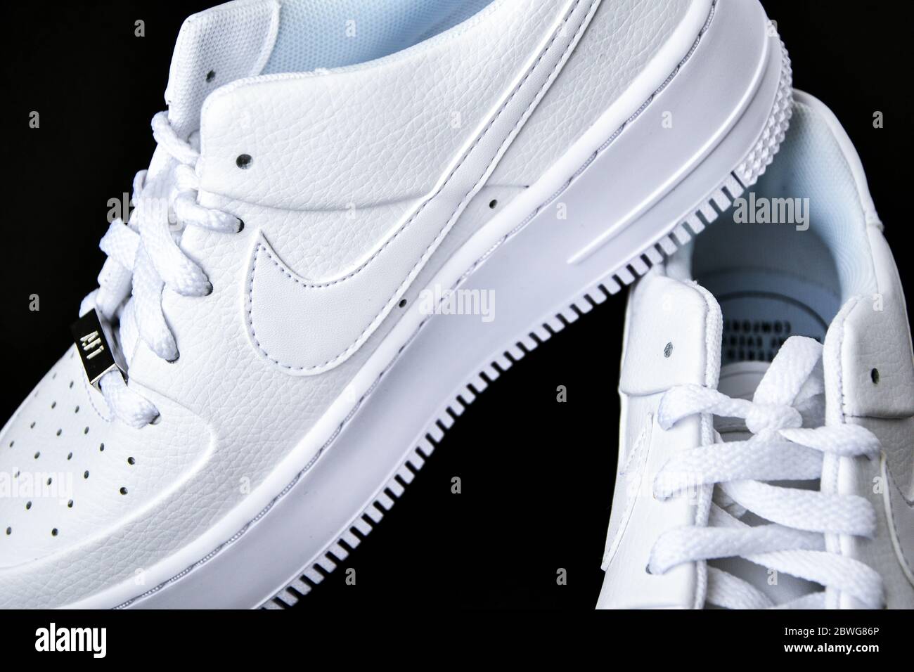 Zhytomyr, Ukraine - June 1, 2020: Nike Air Force 1 Sage white sneakers  product shot on black background. Illustrative editorial photo Stock Photo  - Alamy