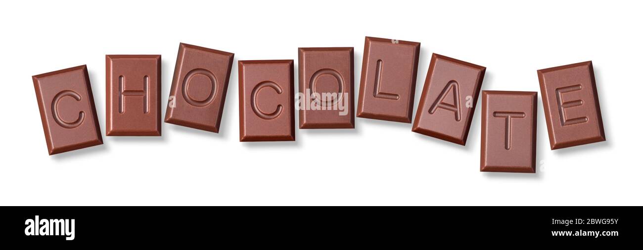 Chocolate word made from chocolate cubes on white background Stock Photo