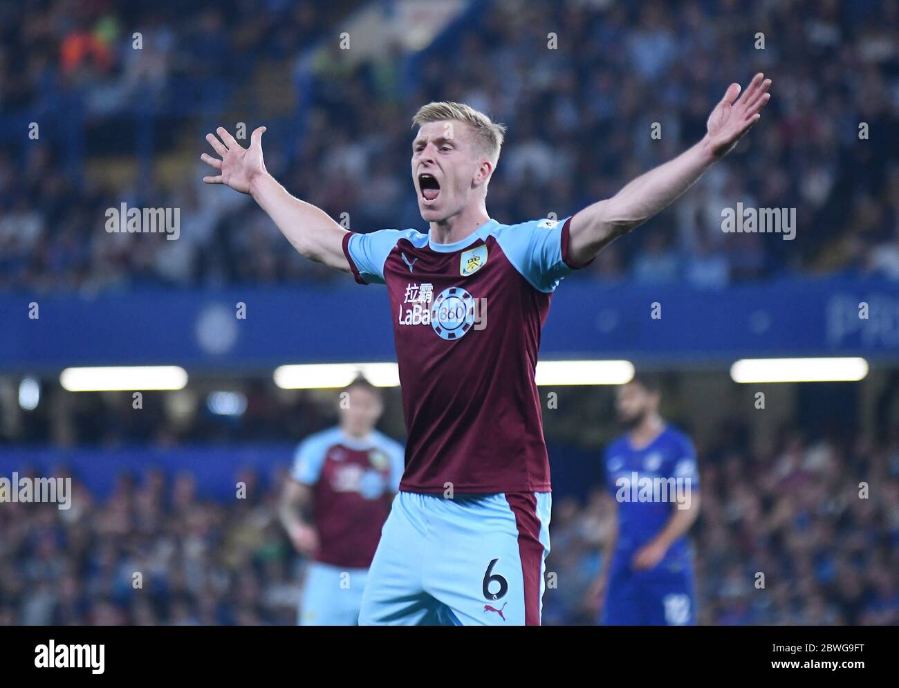 LONDON, ENGLAND - APRIL 22, 2019: Ben Mee of Burnley pictured during the 2018/19 Premier League game between Chelsea FC and Burnley FC at Stamford Bri Stock Photo