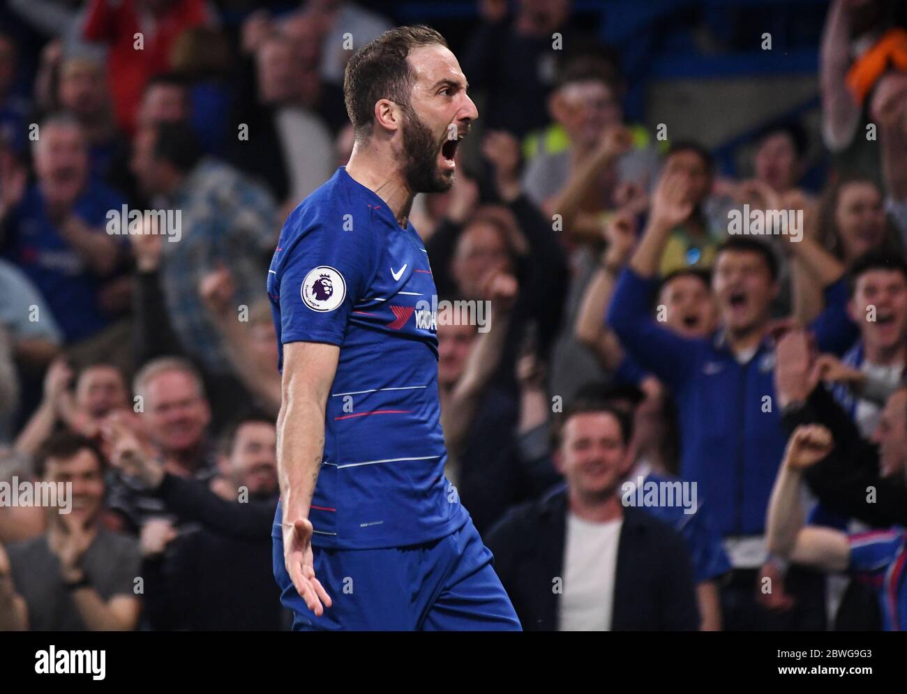 LONDON, ENGLAND - APRIL 22, 2019: Gonzalo Higuain of Chelsea celebrates after he scored a goal during the 2018/19 Premier League game between Chelsea Stock Photo