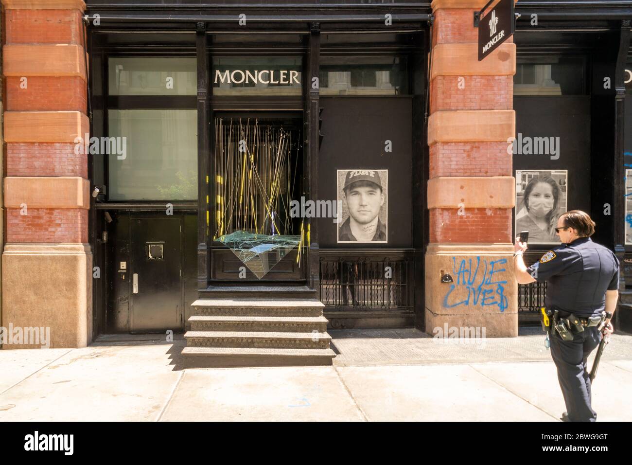 Looted Moncler store in Soho in New York after looting during the previous  night's protests related to the death of George Floyd, seen on Monday, June  1, 2020. (© Richard B. Levine