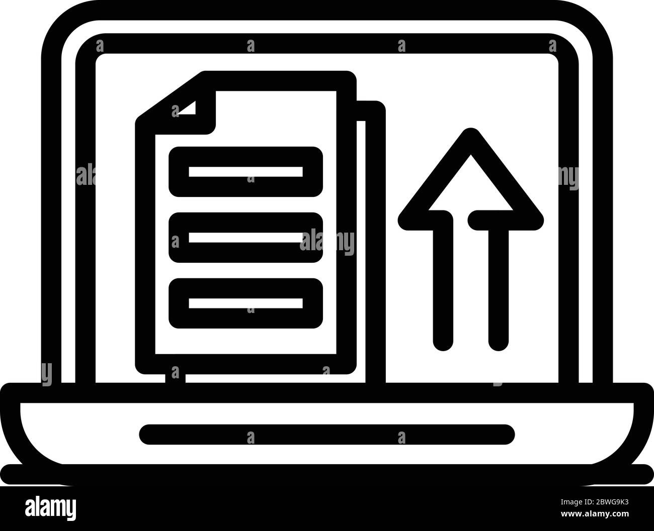 Laptop upload documents icon, outline style Stock Vector