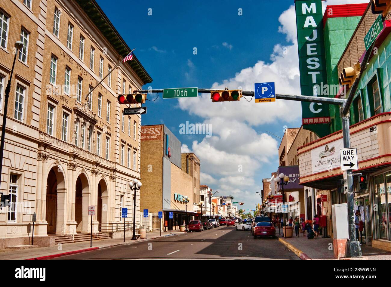 Elizabeth Street, New Brownsville City Hall (1931) on left, Brownsville, Rio Grande Valley, Texas, USA Stock Photo