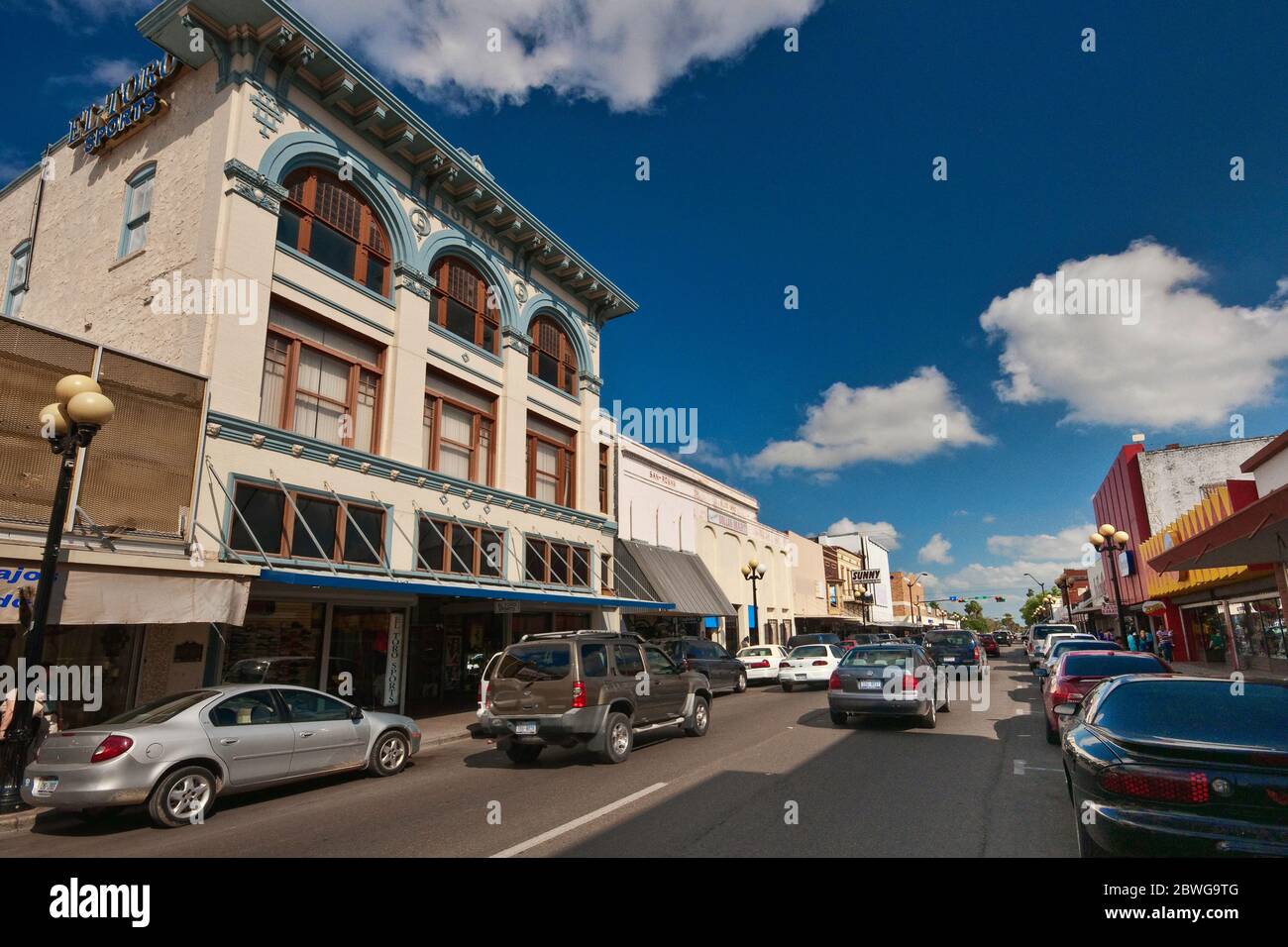 Elizabeth Street, Yturria Bank Building on left, Brownsville, Rio Grande Valley, Texas, USA Stock Photo