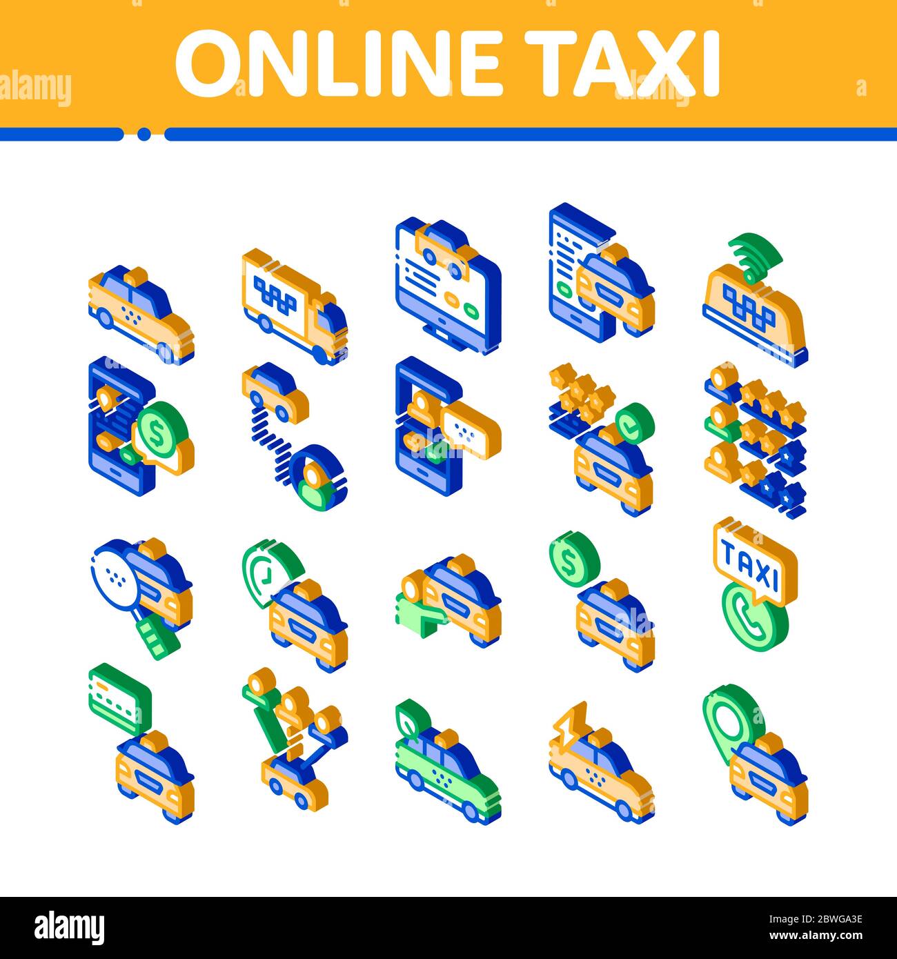 OnTaxi Isometric Elements Icons Set Vector Stock Vector