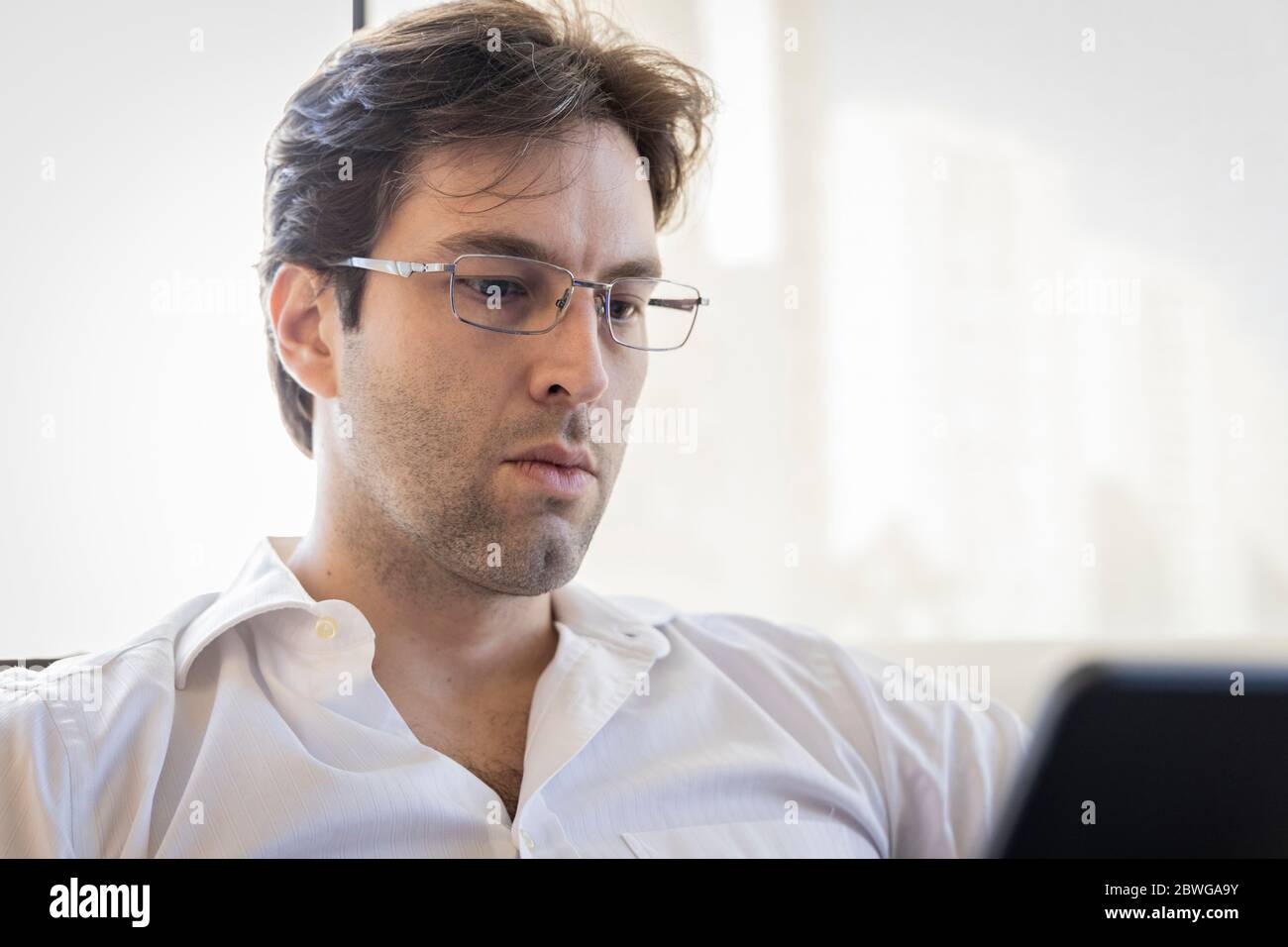 Video conferencing, work remotely, online meeting. Man and browser window  with video calling. 3d render Stock Photo - Alamy