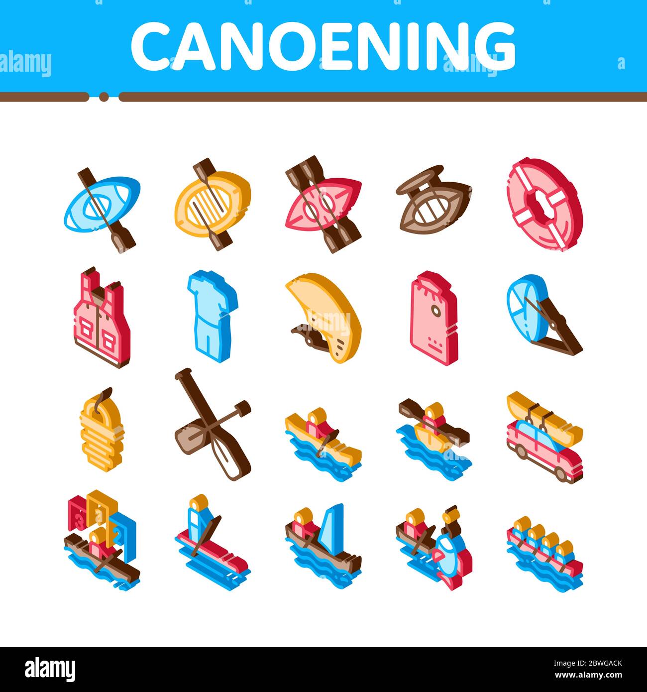Canoeing Isometric Elements Icons Set Vector Stock Vector