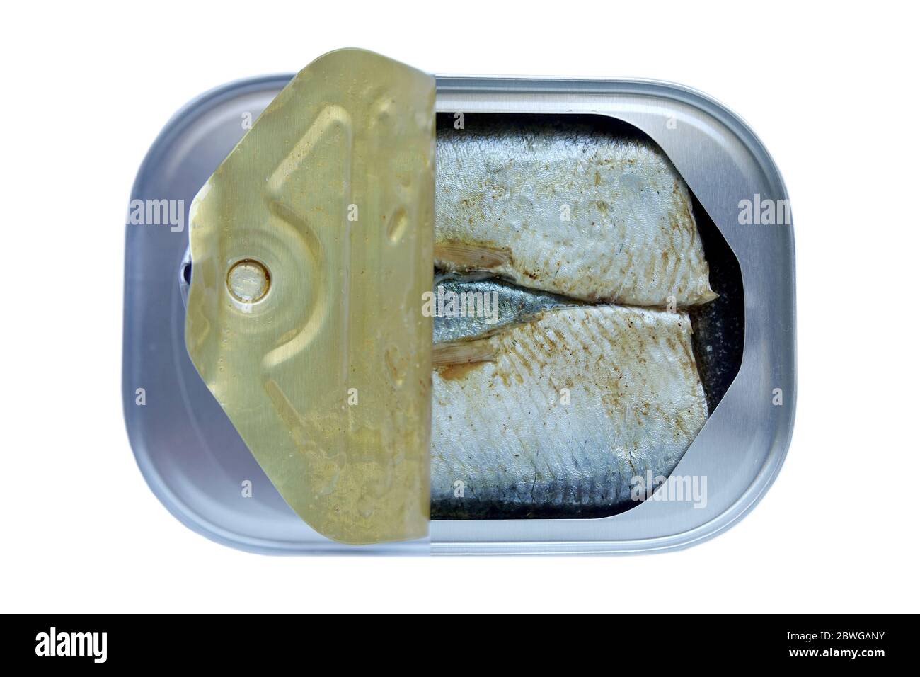 Traditional Ring Pull Can Of Sardines Just Opened With The Top Curled Back Stock Photo