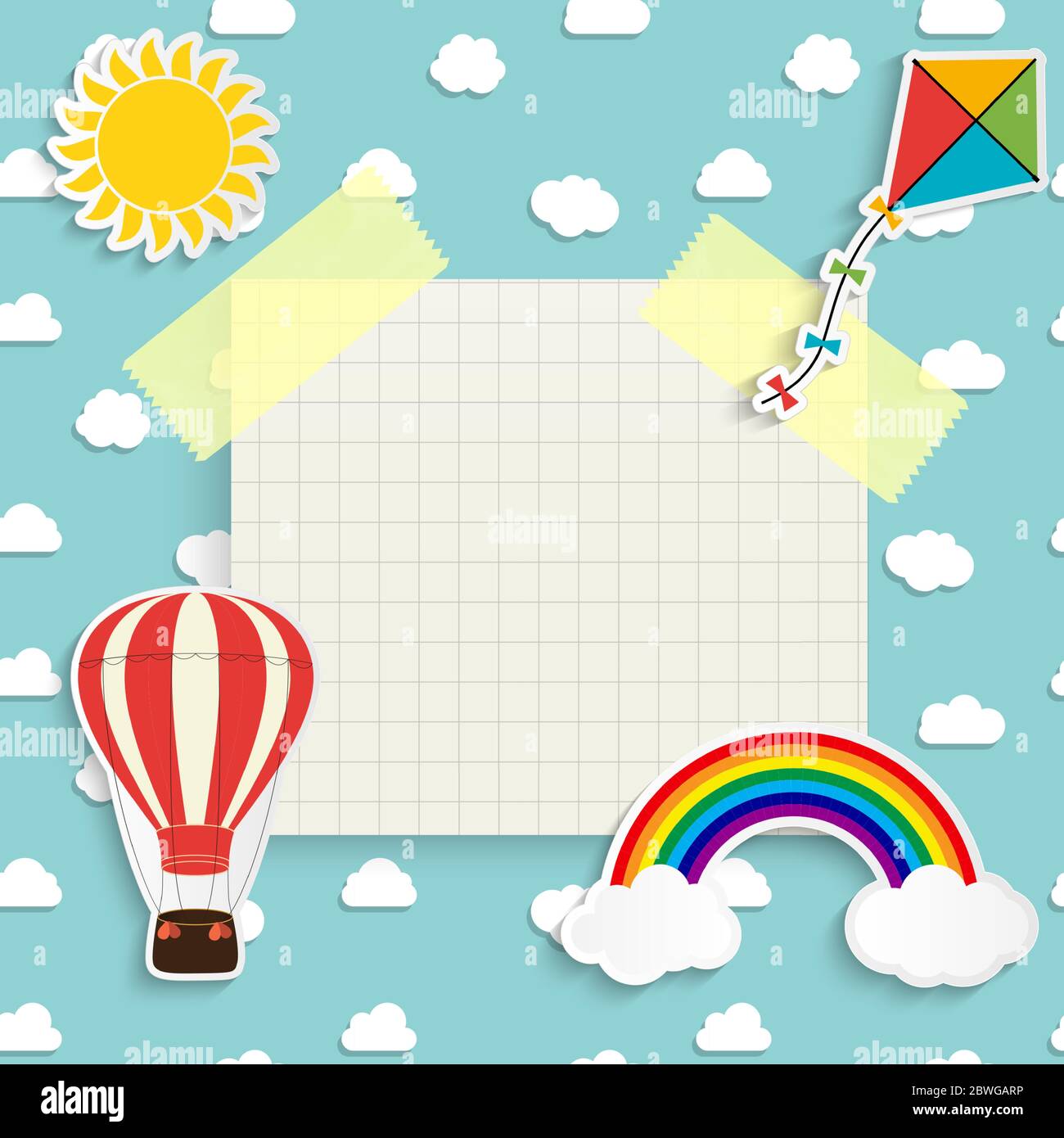Child background with rainbow, sun, cloud, kite and balloon. Place for text. Vector Illustration Stock Vector