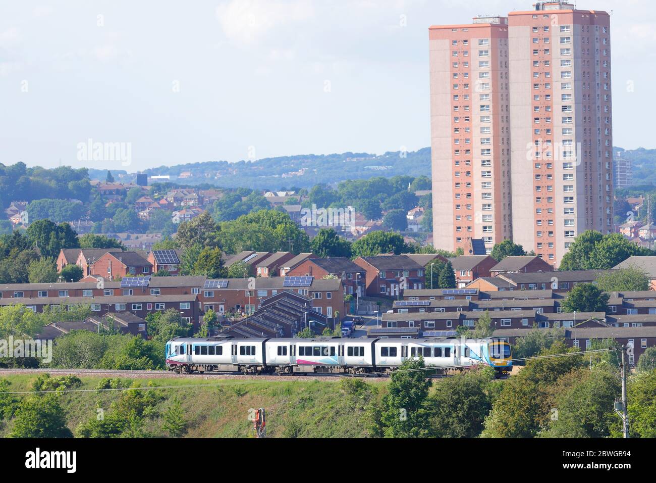 A Transpennine Express train on it's final stretch into Leeds from Newcastle. Stock Photo