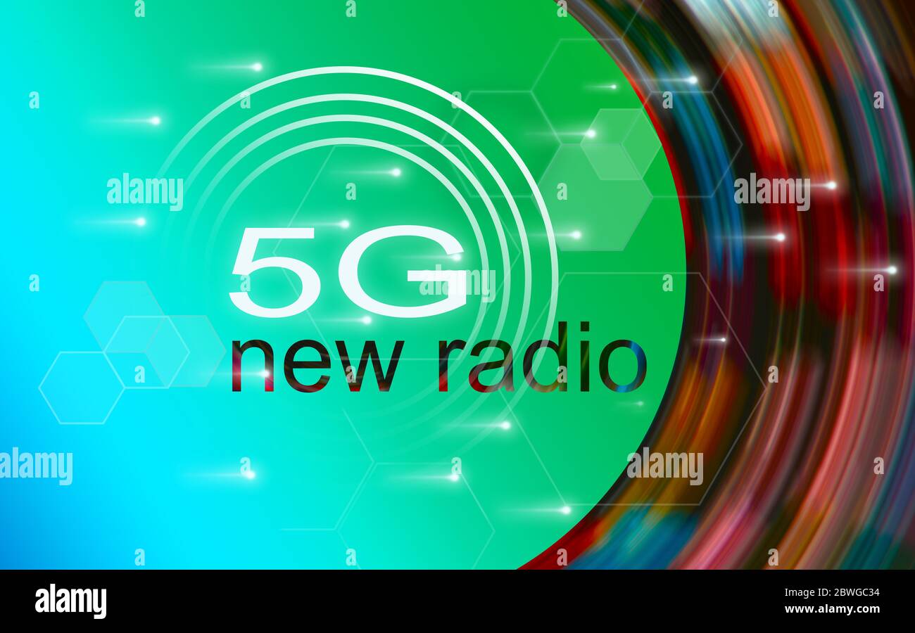 Colorful 5G template image with 5G New Radio text on green background with circular colorful motion blur, light beams and hexagons. Stock Photo