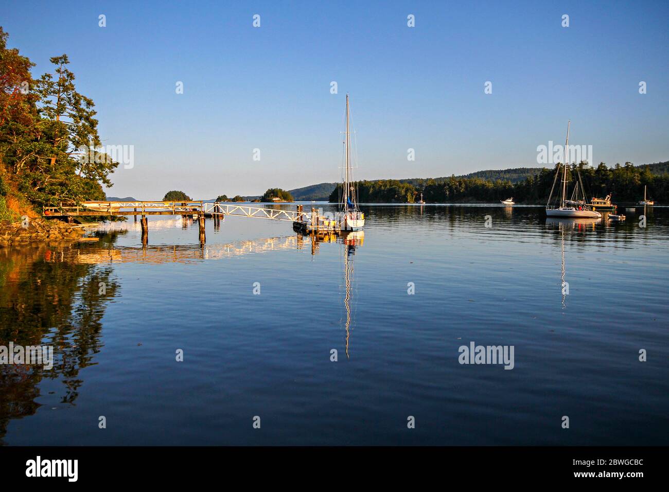 View over tranquil bay in the Salt Spring Island located in the strait of Georgia, between mainland British Columbia and Vancouver Island in Canada Stock Photo