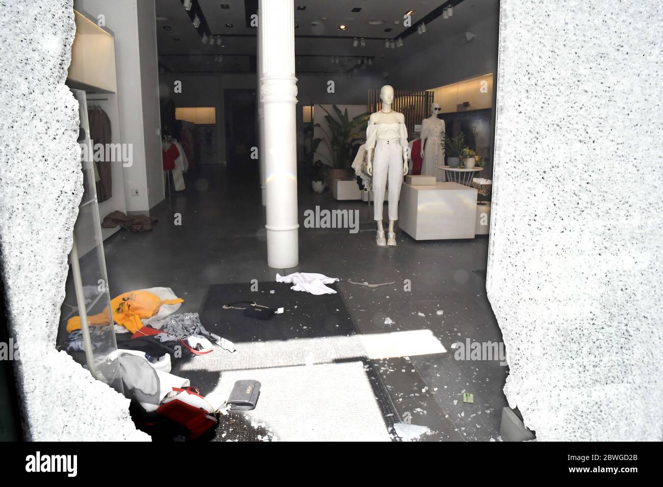 New York, United States. 01st June, 2020. Damage to the H&M clothing store  in the Soho district of Manhattan is seen in this photo on Monday, June 1,  2020 in New York