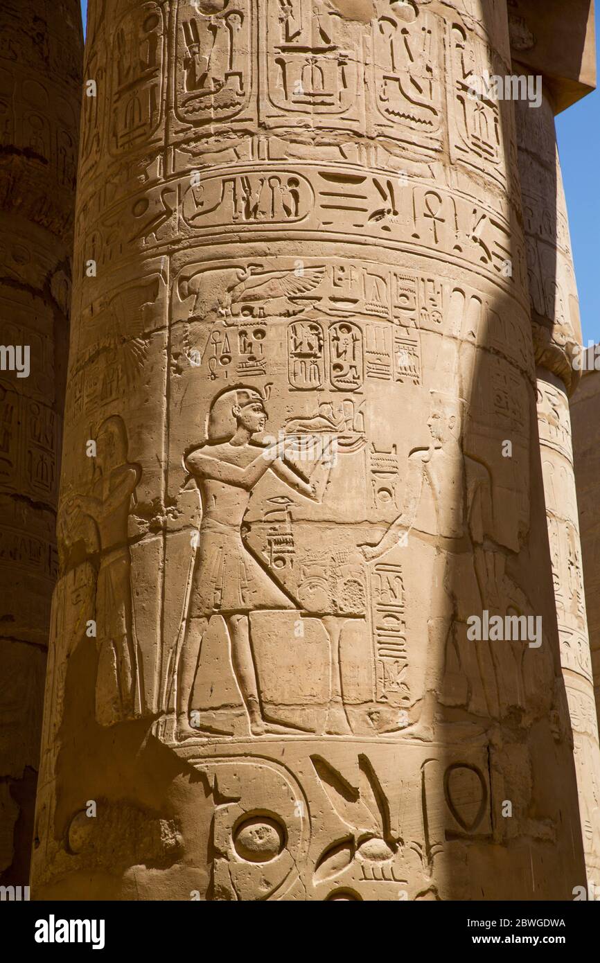 Column, Great Hypostyle Hall, Karnak Temple Complex, UNESCO World Heritage Site, Luxor, Egypt Stock Photo
